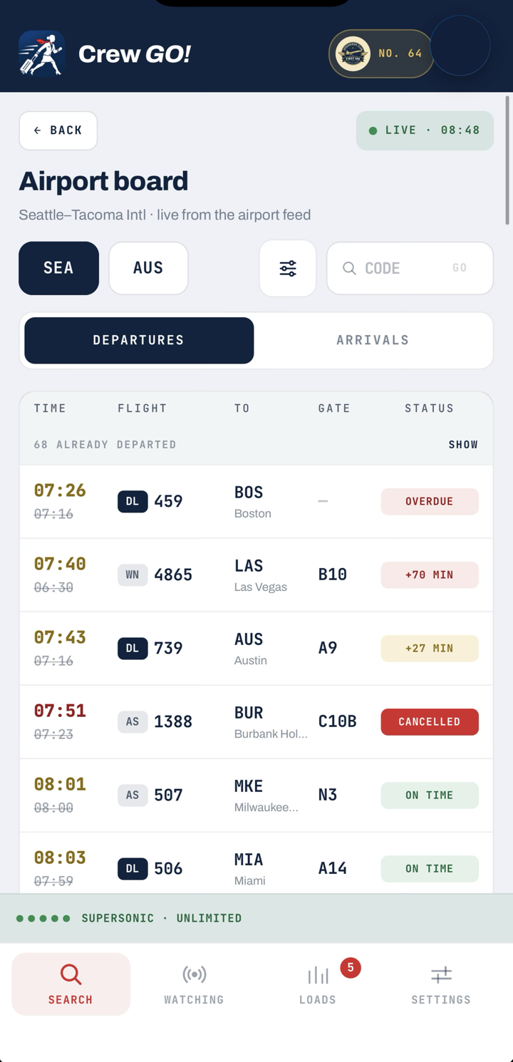 Live airport board for Seattle with departures, gates and status
