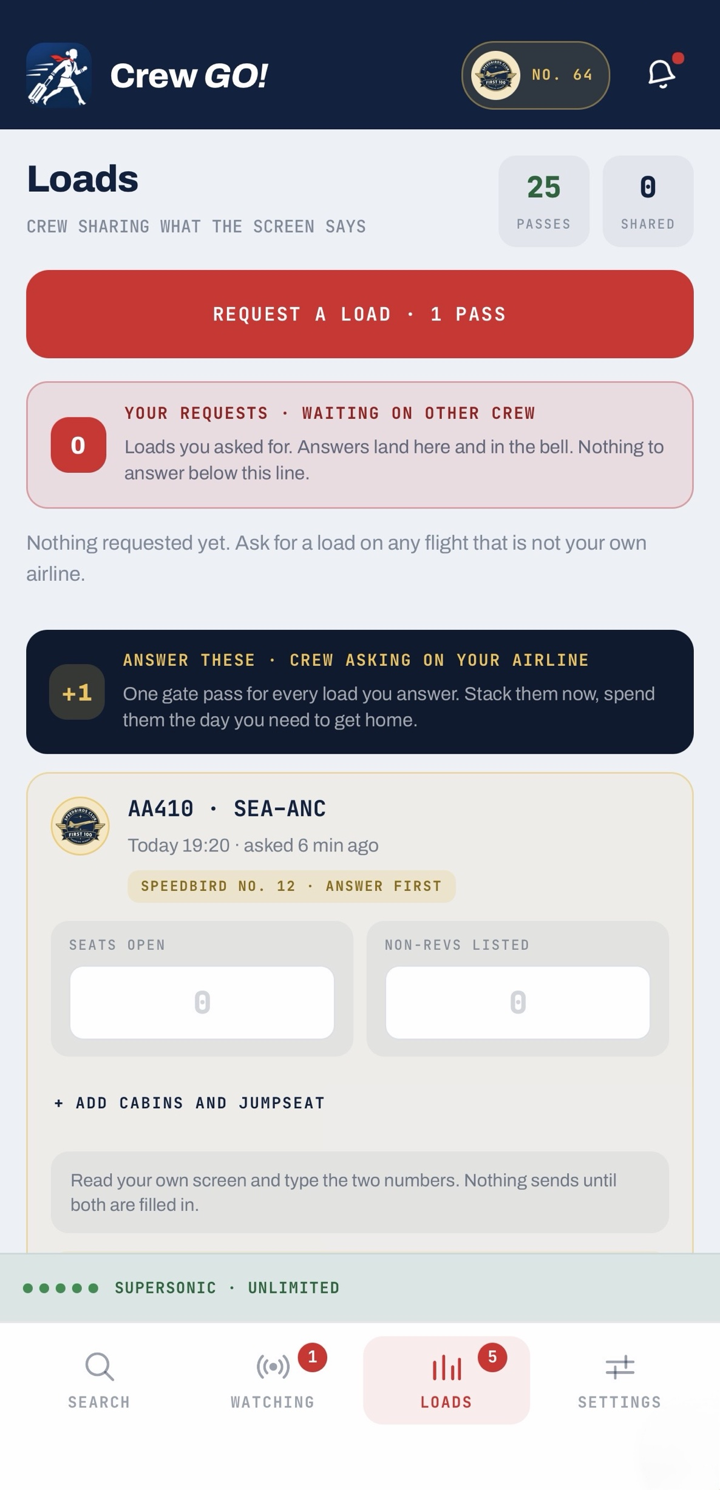 Loads screen where crew answer load requests for their own airline and earn passes