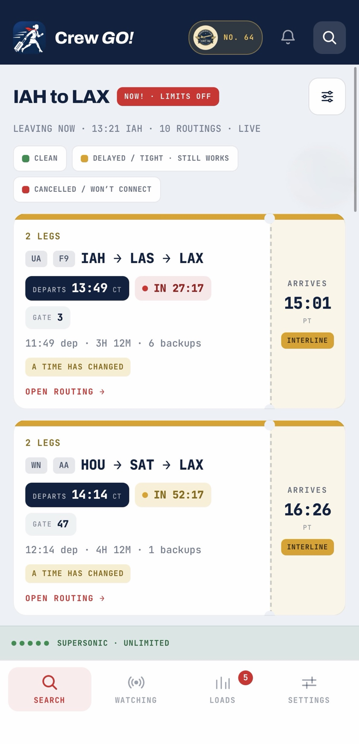 Search results for Houston to Los Angeles with two routings, departure times, countdowns, gates and backups