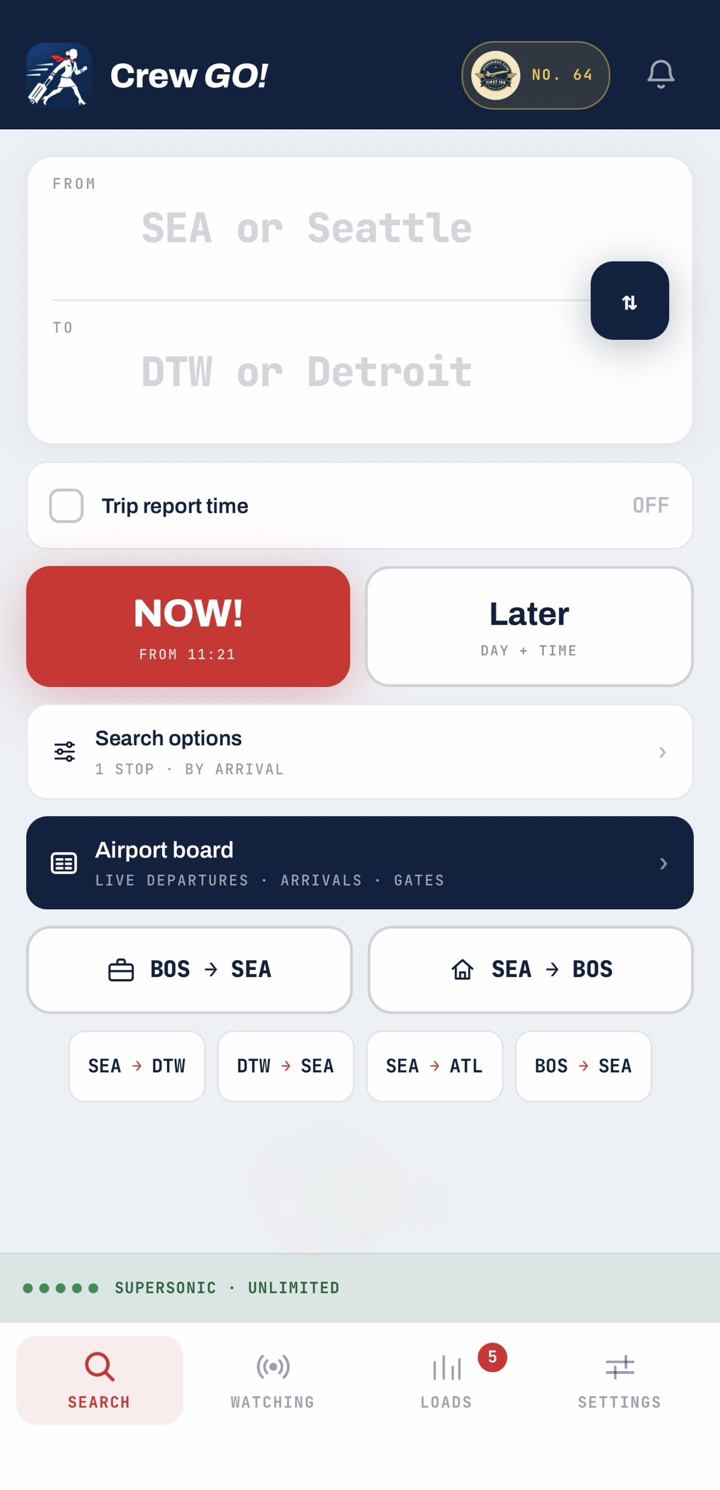 Search screen with FROM and TO, a trip report time, a NOW! button and a Later button, and one-tap commute buttons