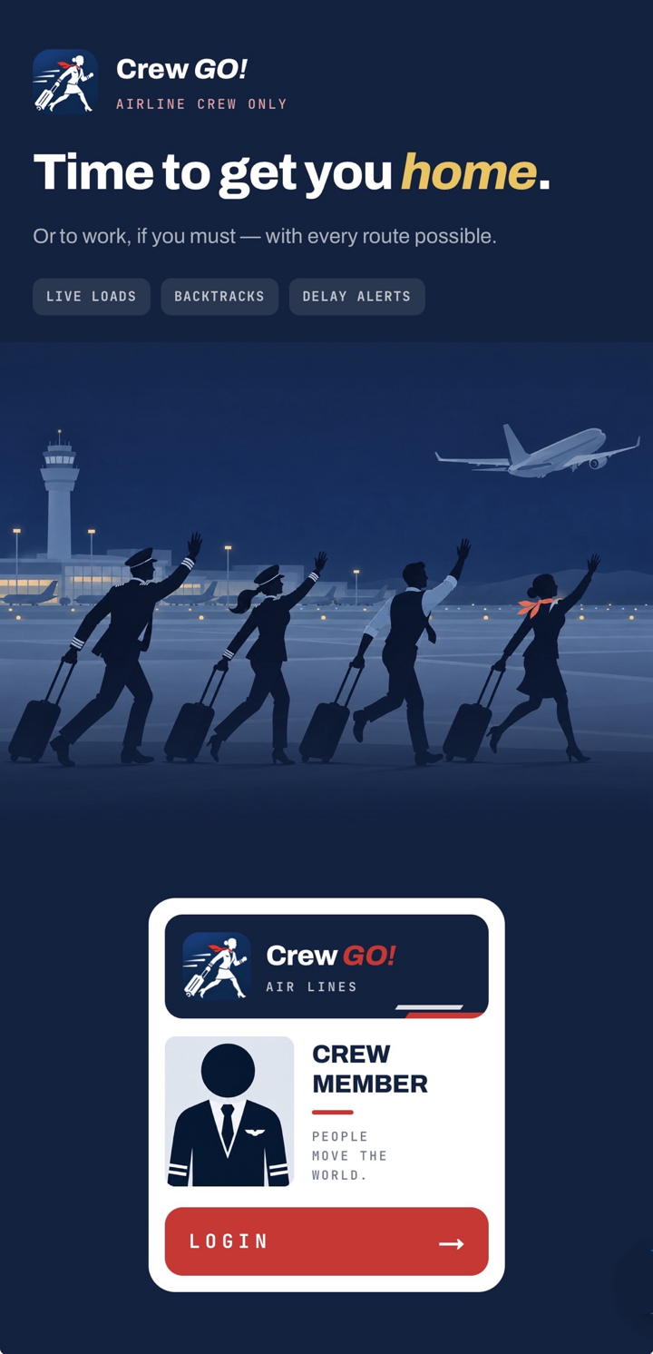 Sign-in screen with a crew badge and a LOGIN button