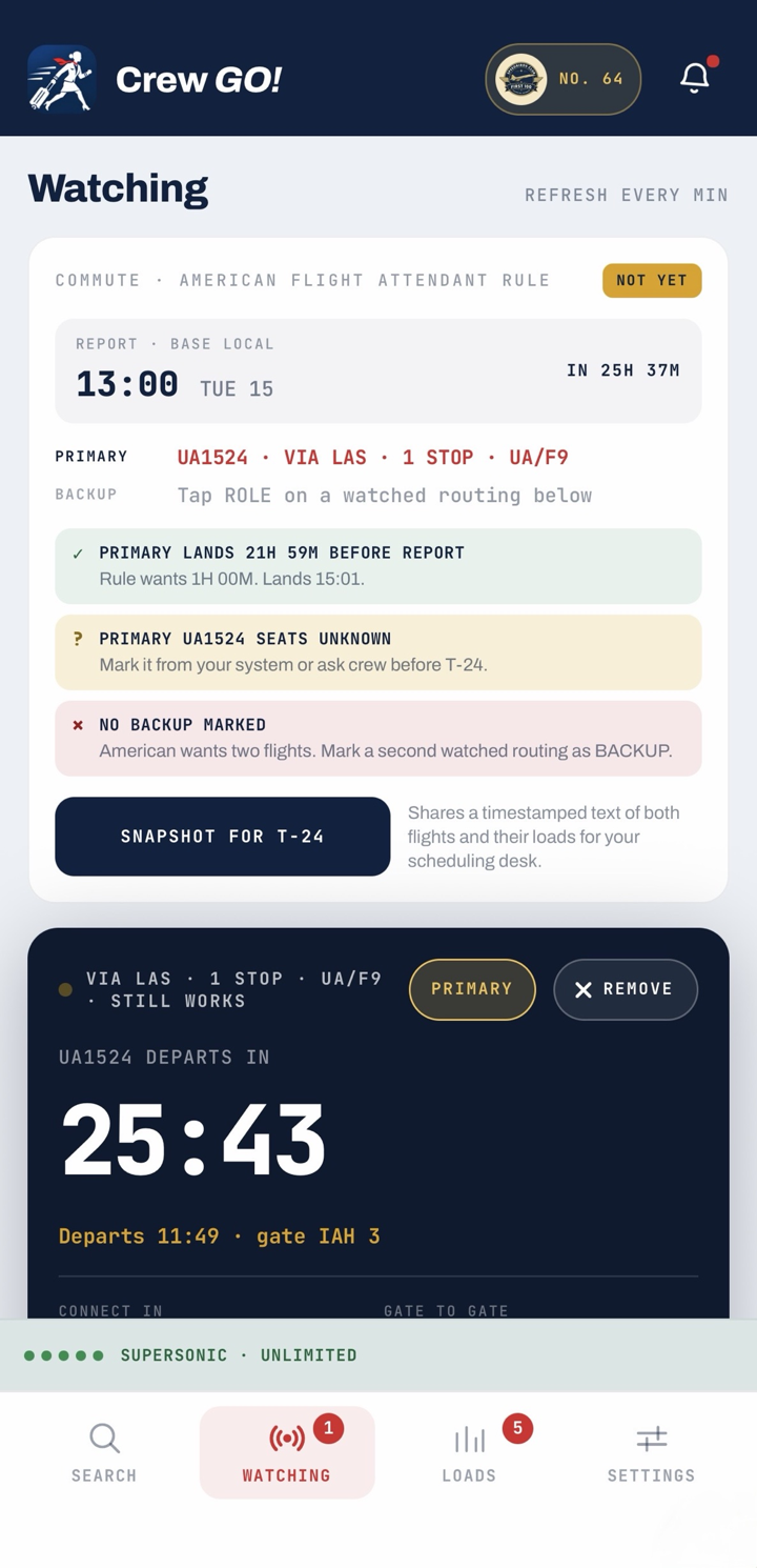 Watching screen with the commute check: report time, a primary routing, and three rule checks